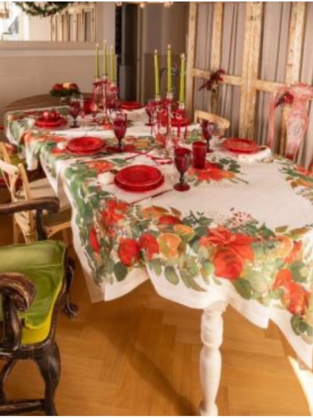 TESSITURA TOSCANA TELERIE, RECTANGULAR LINEN TABLECLOTH "GARLAND GLEE"